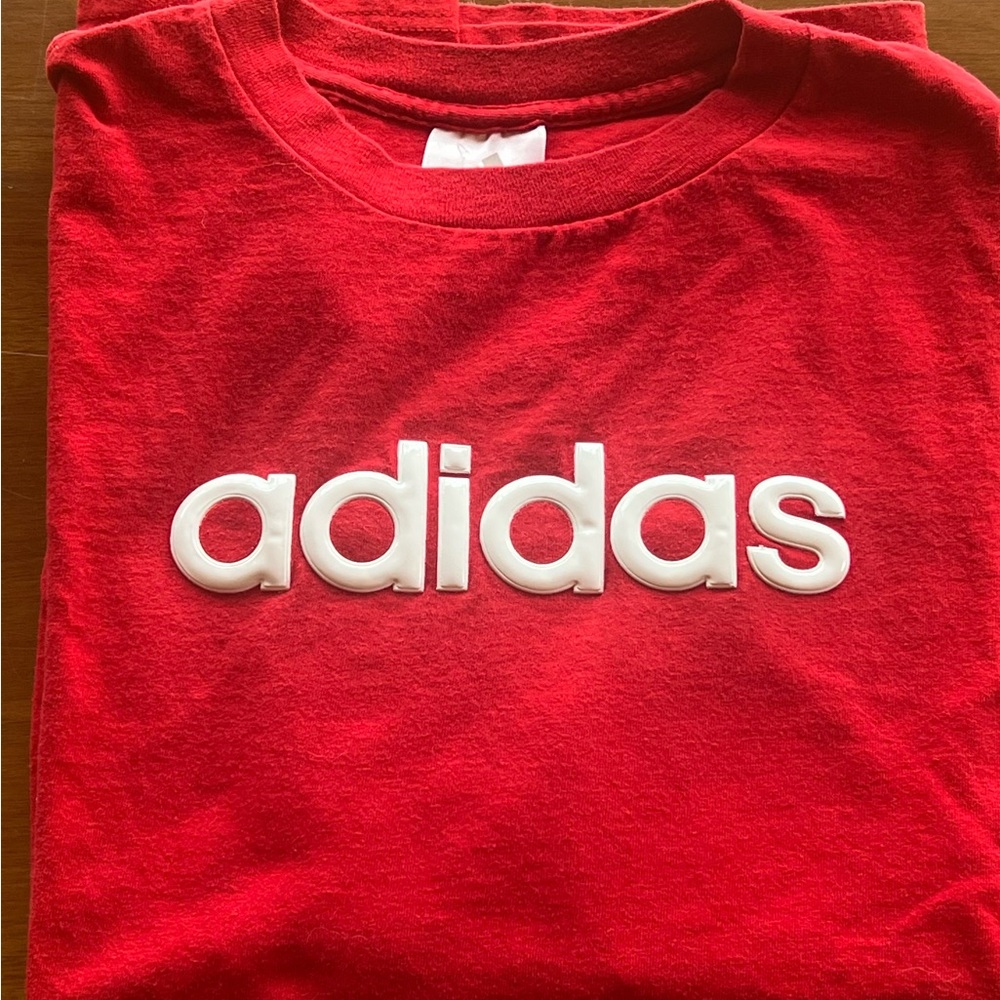 Adidas Mens Bold Red Tee with puffy ADIDAS in white…